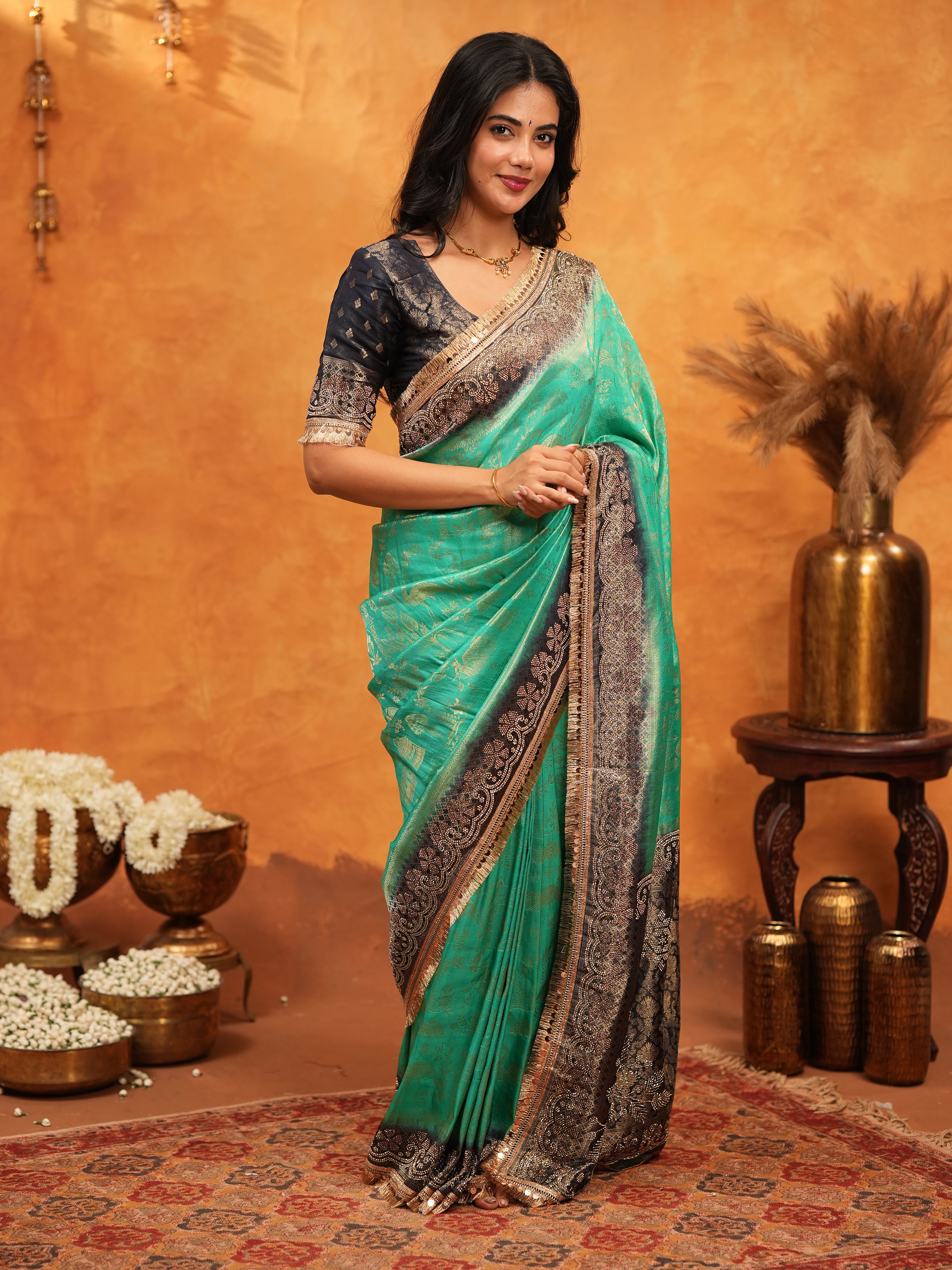 Teal Green & Black Banarasi Silk Saree with Rich Zari Border & Grand Contrast Pallu | Designer Wedding & Festive Wear Saree