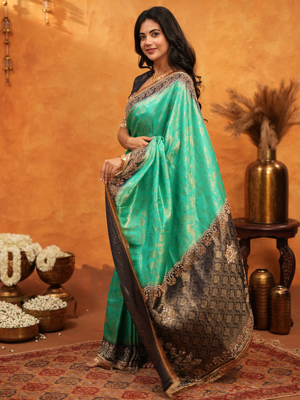 Teal Green & Black Banarasi Silk Saree with Rich Zari Border & Grand Contrast Pallu | Designer Wedding & Festive Wear Saree