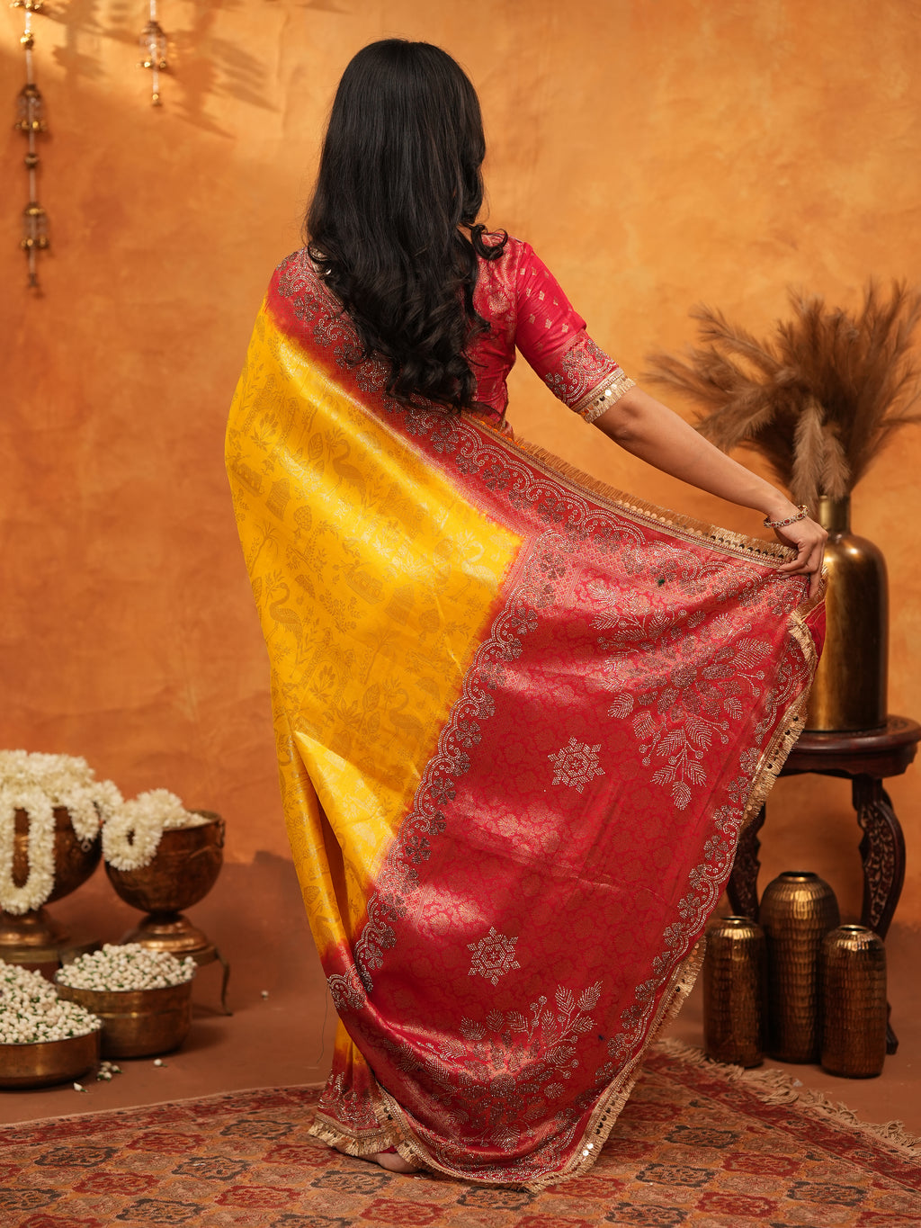 Sunshine Yellow & Red Banarasi Silk Saree with Rich Zari Border & Contrast Pallu | Designer Festive & Wedding Wear Saree