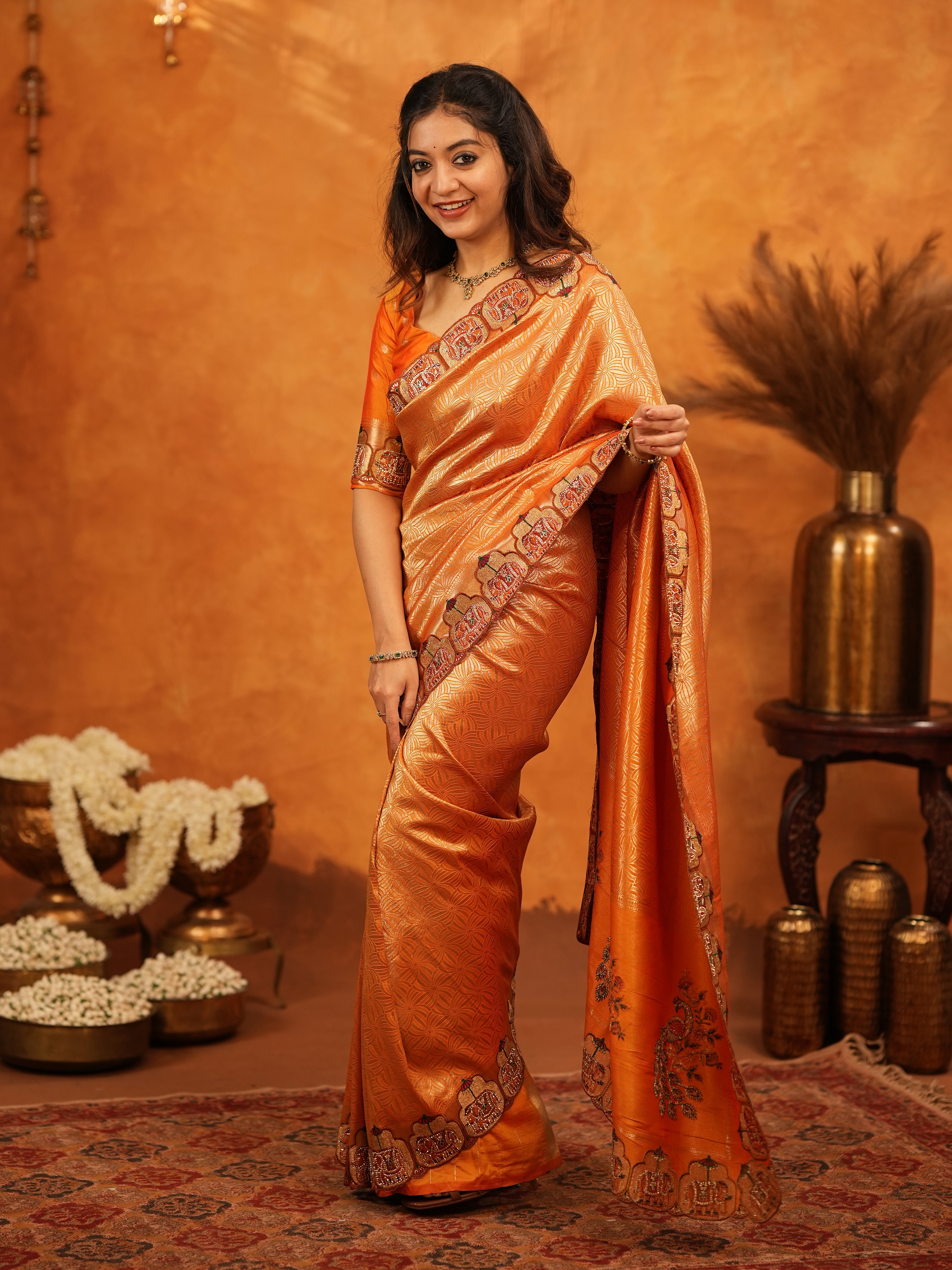 Rust Orange Banarasi Silk Saree with All-Over Zari Weaving & Designer Embroidered Border | Festive Wedding Wear Saree with Blouse & Tassels