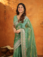 Elegant Mehendi Green Fendy Satin Embroidered Saree with Heavy Floral Border & Designer Pallu | Festive Wear Saree with Embroidered Blouse