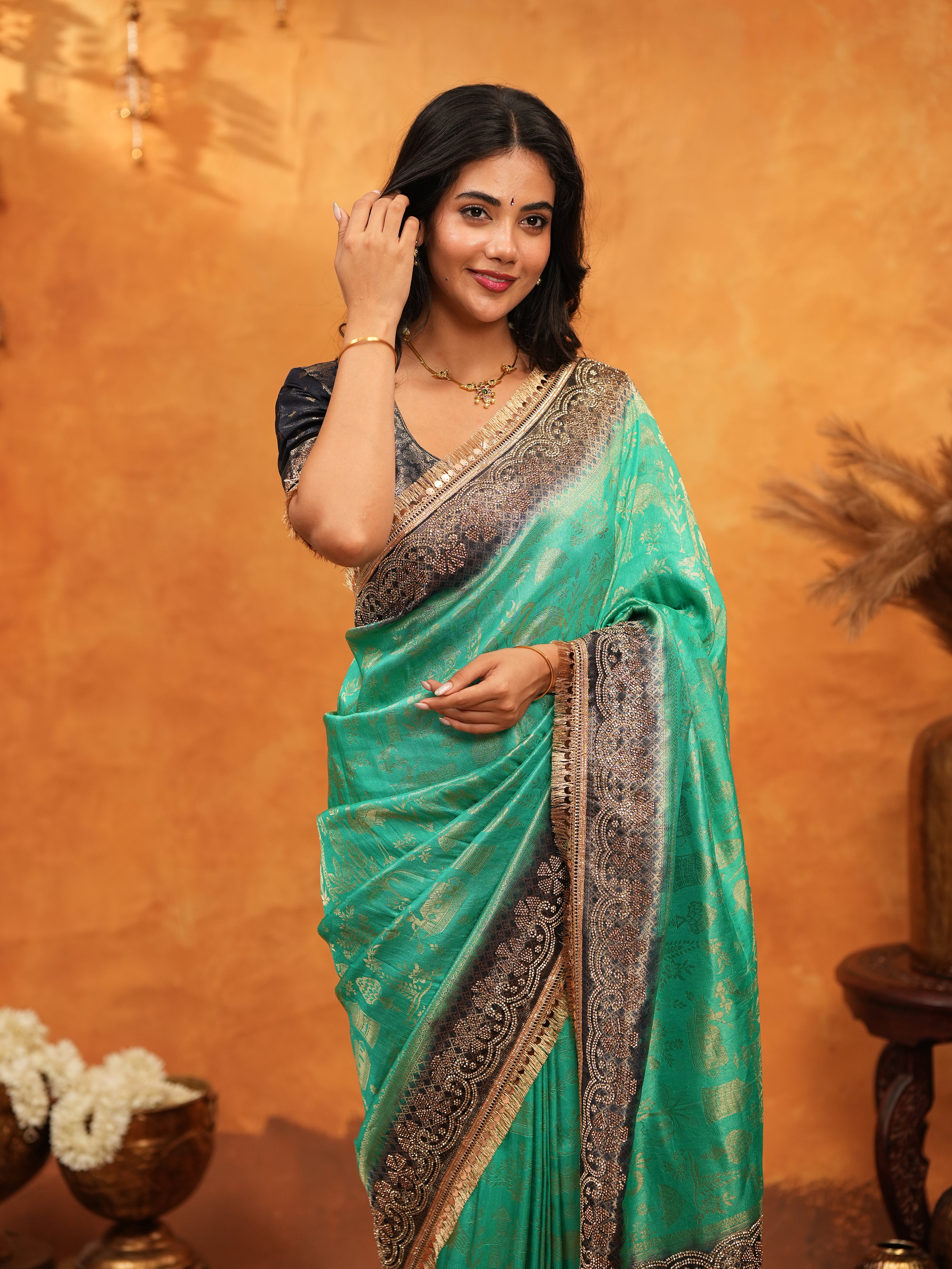 Teal Green & Black Banarasi Silk Saree with Rich Zari Border & Grand Contrast Pallu | Designer Wedding & Festive Wear Saree