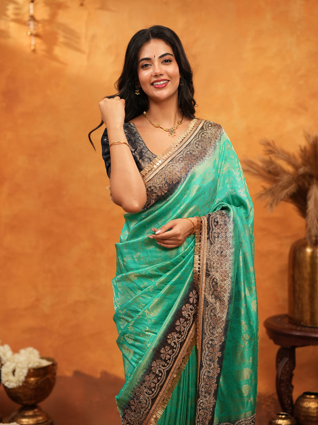 Teal Green & Black Banarasi Silk Saree with Rich Zari Border & Grand Contrast Pallu | Designer Wedding & Festive Wear Saree