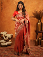 Tomato Red Banarasi Silk Saree with Rich Zari Weaving & Designer Embroidered Border | Elegant Wedding & Festive Wear Saree with Blouse & Tassels