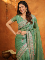 Elegant Mehendi Green Fendy Satin Embroidered Saree with Heavy Floral Border & Designer Pallu | Festive Wear Saree with Embroidered Blouse