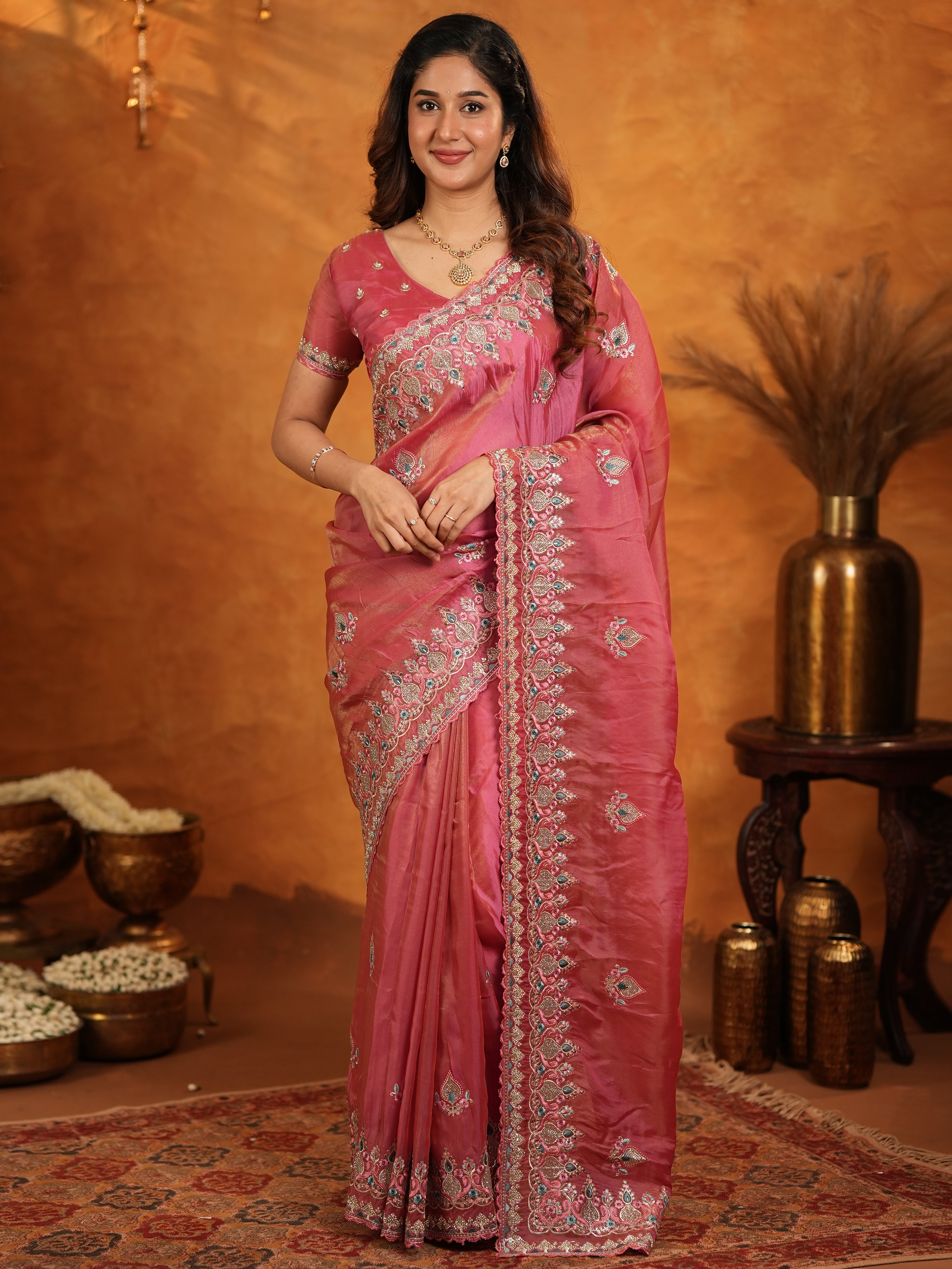 Dusty Rose Pink Fendy Satin Embroidered Saree with Heavy Floral Border & Designer Pallu | Elegant Festive Wear Saree with Embroidered Blouse