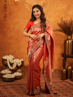 Tomato Red Banarasi Silk Saree with Rich Zari Weaving & Designer Embroidered Border | Elegant Wedding & Festive Wear Saree with Blouse & Tassels