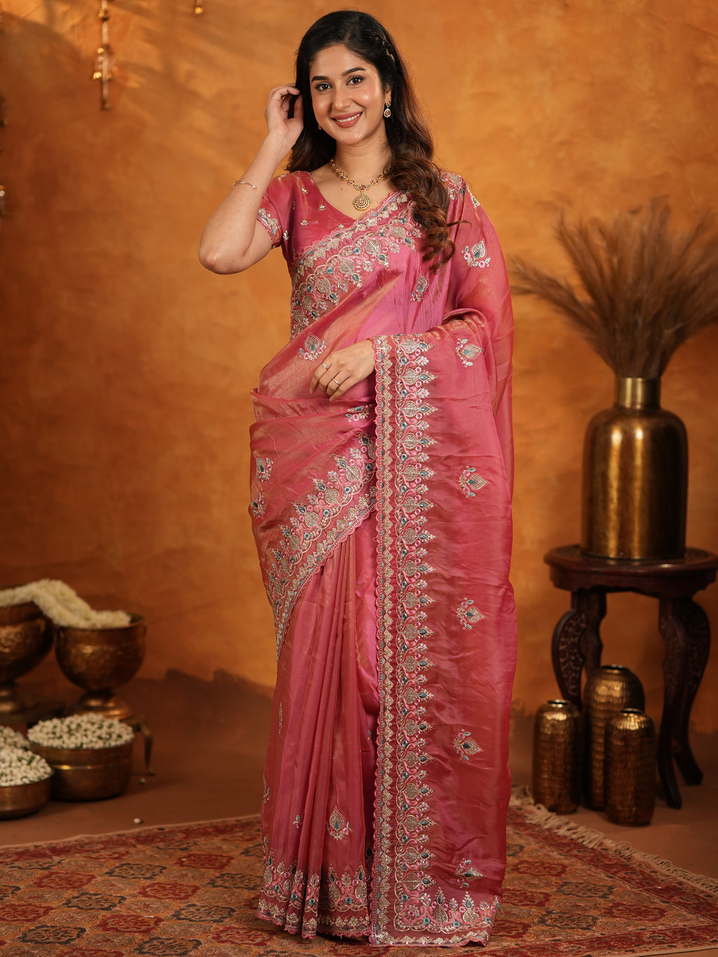 Dusty Rose Pink Fendy Satin Embroidered Saree with Heavy Floral Border & Designer Pallu | Elegant Festive Wear Saree with Embroidered Blouse