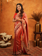 Tomato Red Banarasi Silk Saree with Rich Zari Weaving & Designer Embroidered Border | Elegant Wedding & Festive Wear Saree with Blouse & Tassels