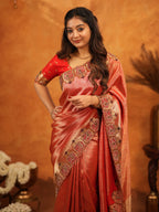 Tomato Red Banarasi Silk Saree with Rich Zari Weaving & Designer Embroidered Border | Elegant Wedding & Festive Wear Saree with Blouse & Tassels