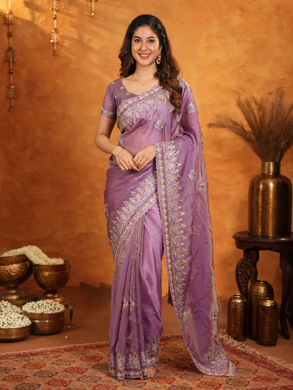 Lavender Purple Fendy Satin Embroidered Saree with Heavy Floral Border & Designer Pallu | Elegant Party Wear Saree with Embroidered Blouse