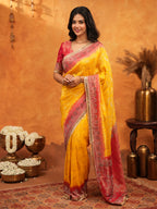 Sunshine Yellow & Red Banarasi Silk Saree with Rich Zari Border & Contrast Pallu | Designer Festive & Wedding Wear Saree