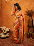 Rust Orange Banarasi Silk Saree with All-Over Zari Weaving & Designer Embroidered Border | Festive Wedding Wear Saree with Blouse & Tassels