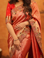 Tomato Red Banarasi Silk Saree with Rich Zari Weaving & Designer Embroidered Border | Elegant Wedding & Festive Wear Saree with Blouse & Tassels