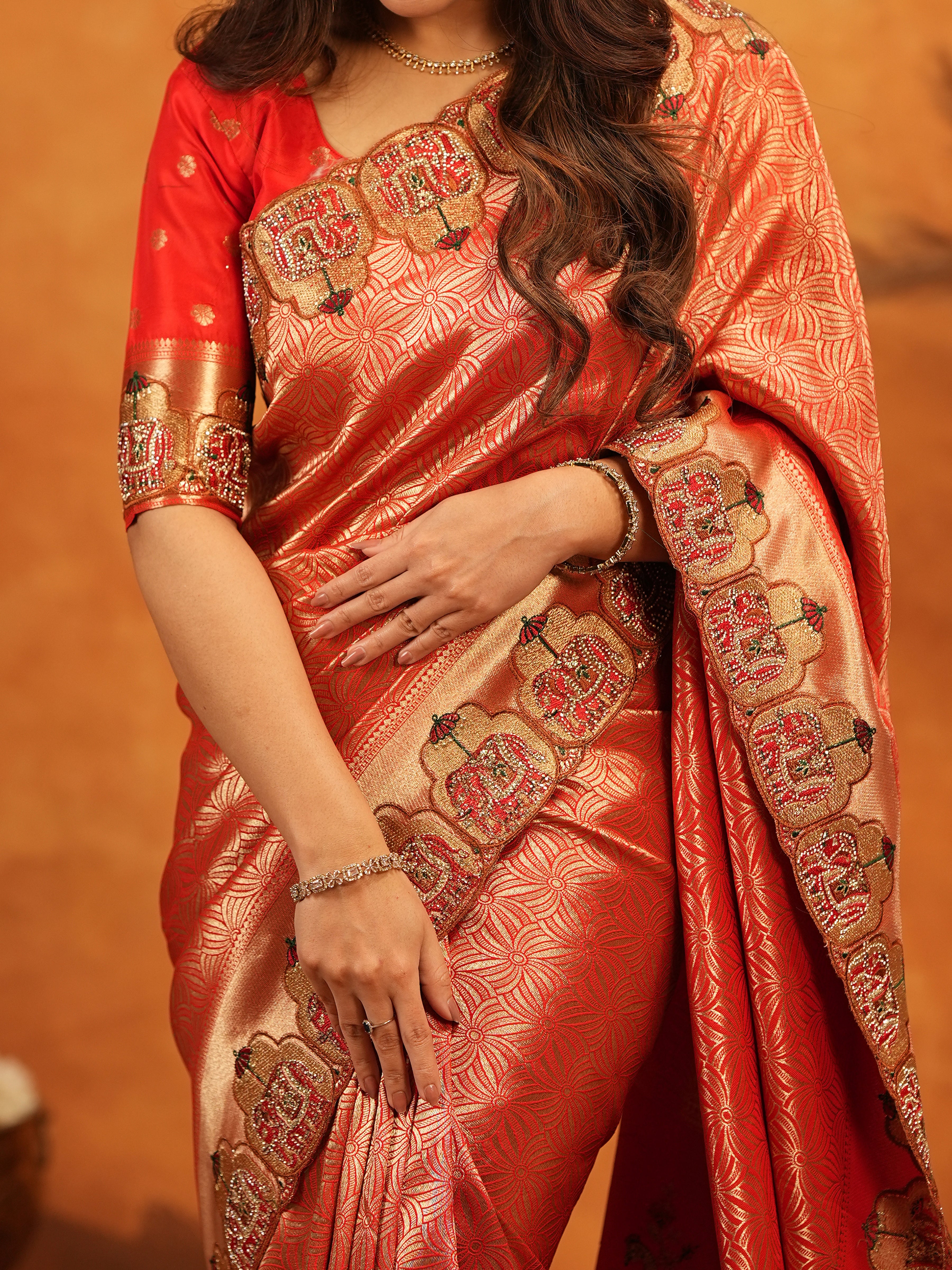 Tomato Red Banarasi Silk Saree with Rich Zari Weaving & Designer Embroidered Border | Elegant Wedding & Festive Wear Saree with Blouse & Tassels