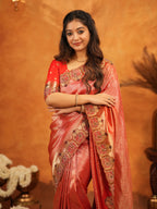 Tomato Red Banarasi Silk Saree with Rich Zari Weaving & Designer Embroidered Border | Elegant Wedding & Festive Wear Saree with Blouse & Tassels