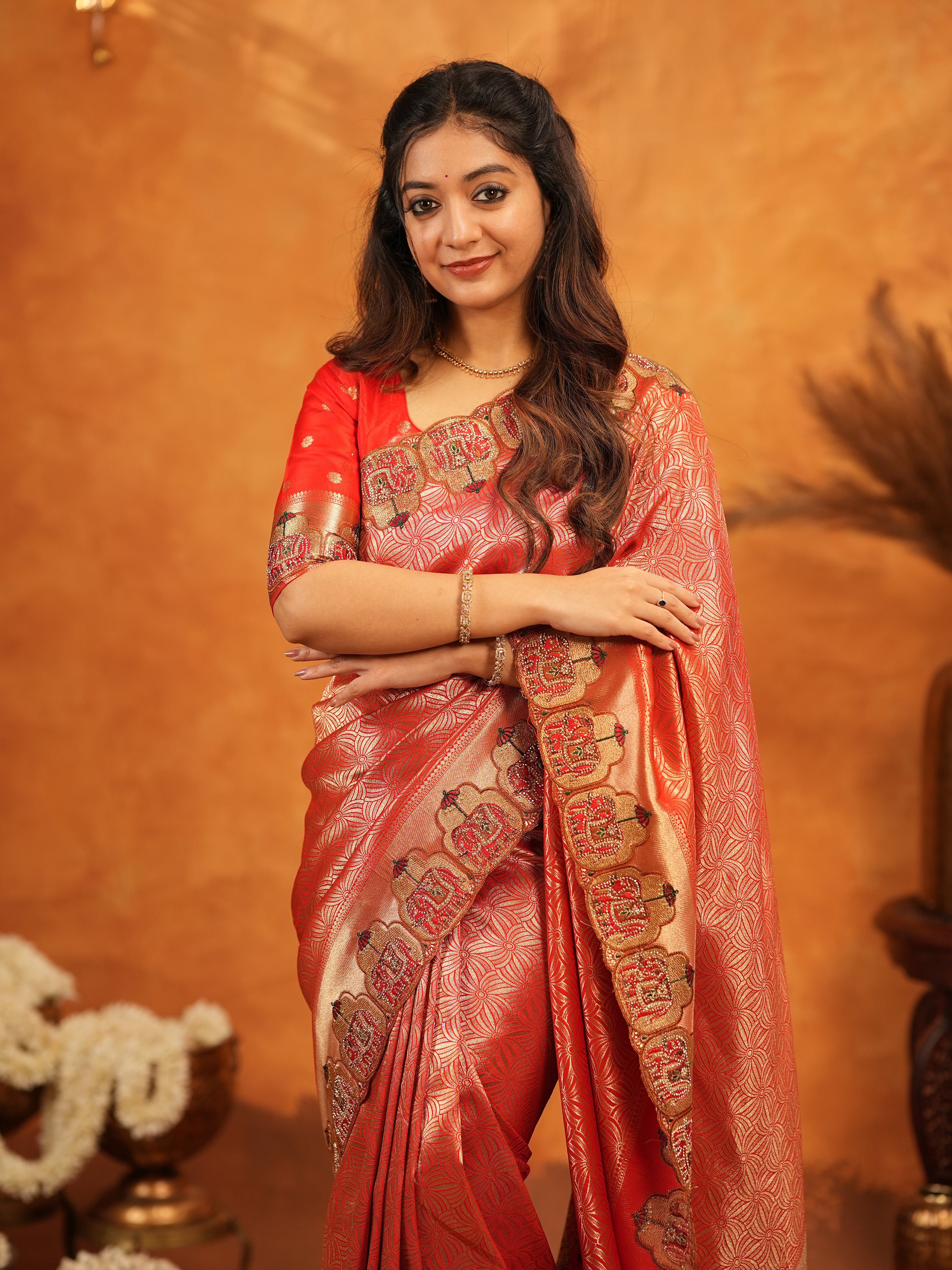 Tomato Red Banarasi Silk Saree with Rich Zari Weaving & Designer Embroidered Border | Elegant Wedding & Festive Wear Saree with Blouse & Tassels