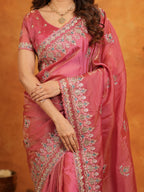 Dusty Rose Pink Fendy Satin Embroidered Saree with Heavy Floral Border & Designer Pallu | Elegant Festive Wear Saree with Embroidered Blouse