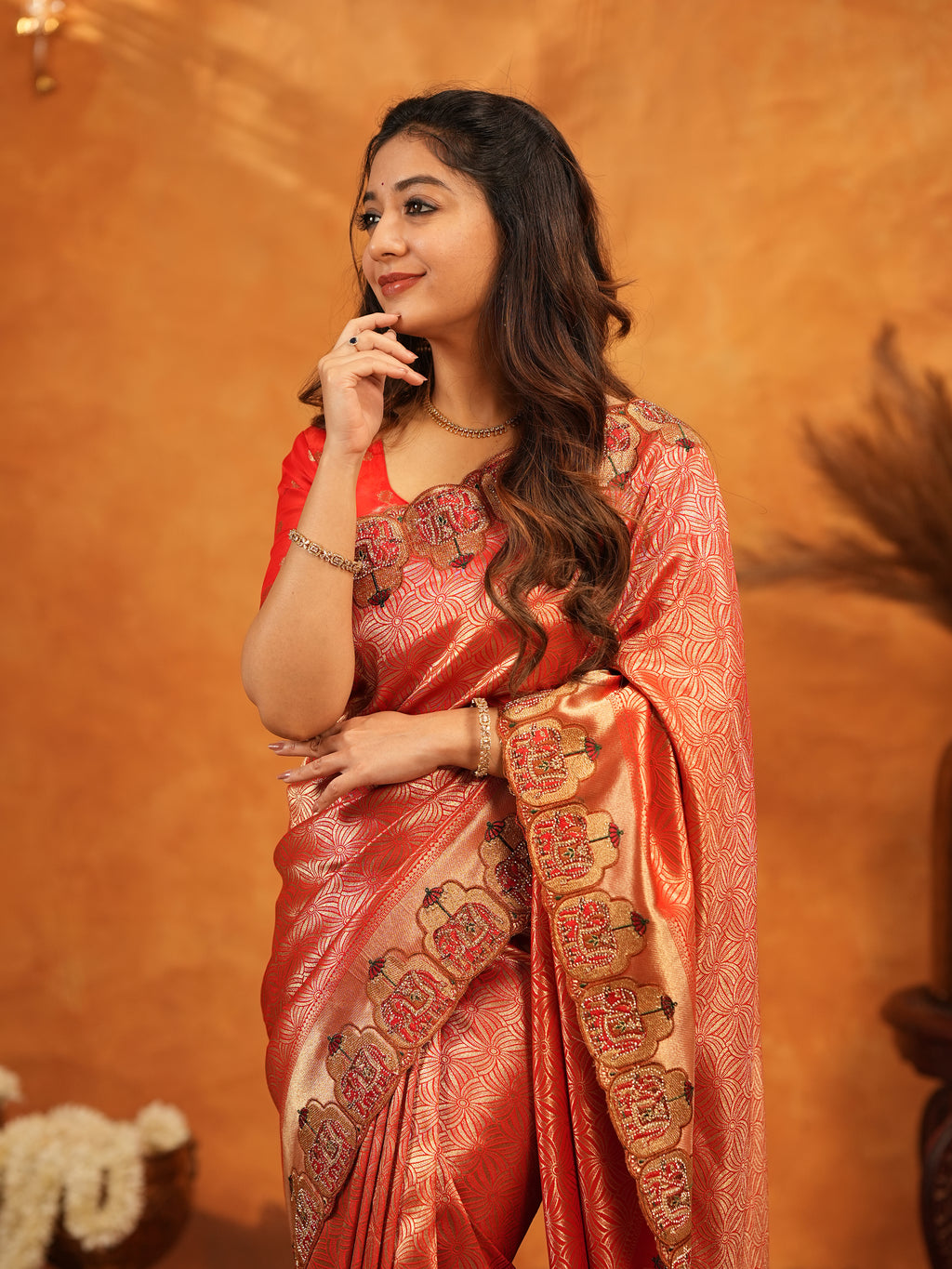 Tomato Red Banarasi Silk Saree with Rich Zari Weaving & Designer Embroidered Border | Elegant Wedding & Festive Wear Saree with Blouse & Tassels