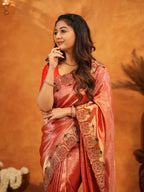 Tomato Red Banarasi Silk Saree with Rich Zari Weaving & Designer Embroidered Border | Elegant Wedding & Festive Wear Saree with Blouse & Tassels