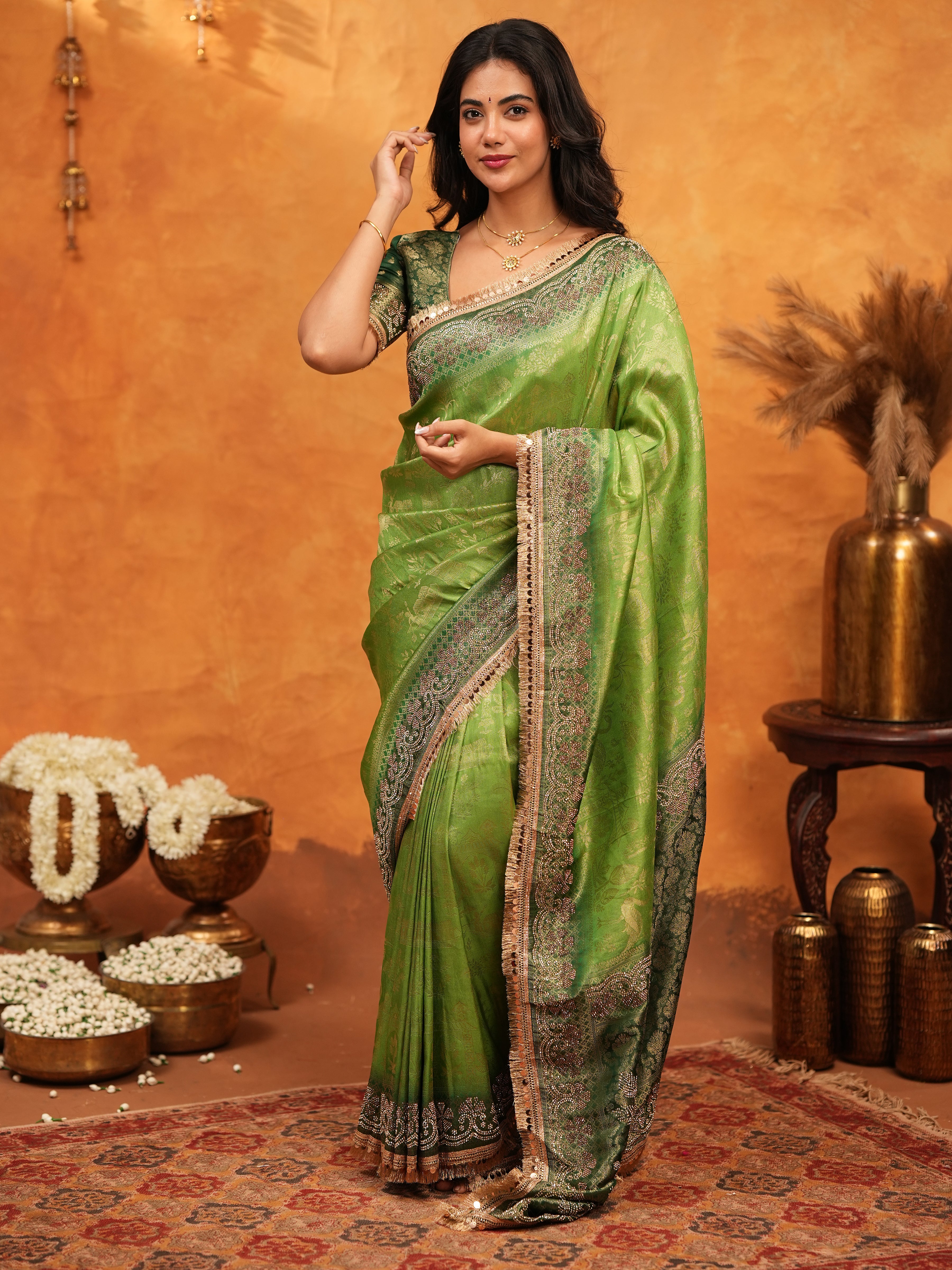 Emerald Green Banarasi Silk Saree with Intricate Zari Border & Rich Woven Pallu | Designer Festive & Wedding Wear Saree