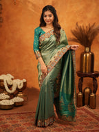 Bottle Green Banarasi Silk Saree with All-Over Zari Weaving & Designer Embroidered Border | Premium Wedding & Festive Wear Saree with Blouse & Tassels