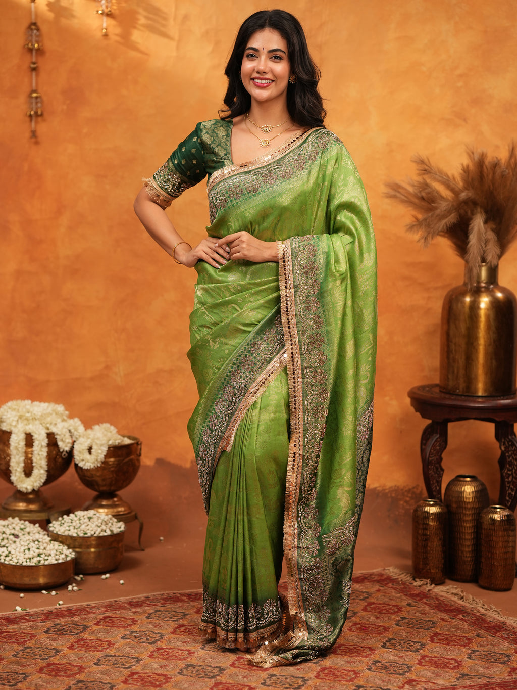 Emerald Green Banarasi Silk Saree with Intricate Zari Border & Rich Woven Pallu | Designer Festive & Wedding Wear Saree