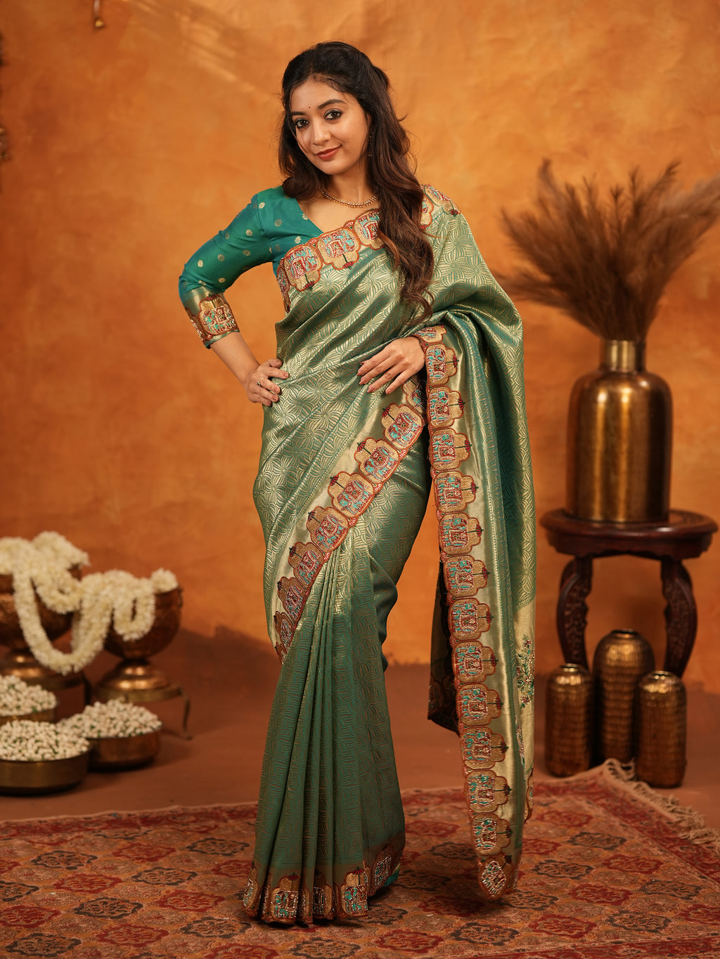 Bottle Green Banarasi Silk Saree with All-Over Zari Weaving & Designer Embroidered Border | Premium Wedding & Festive Wear Saree with Blouse & Tassels