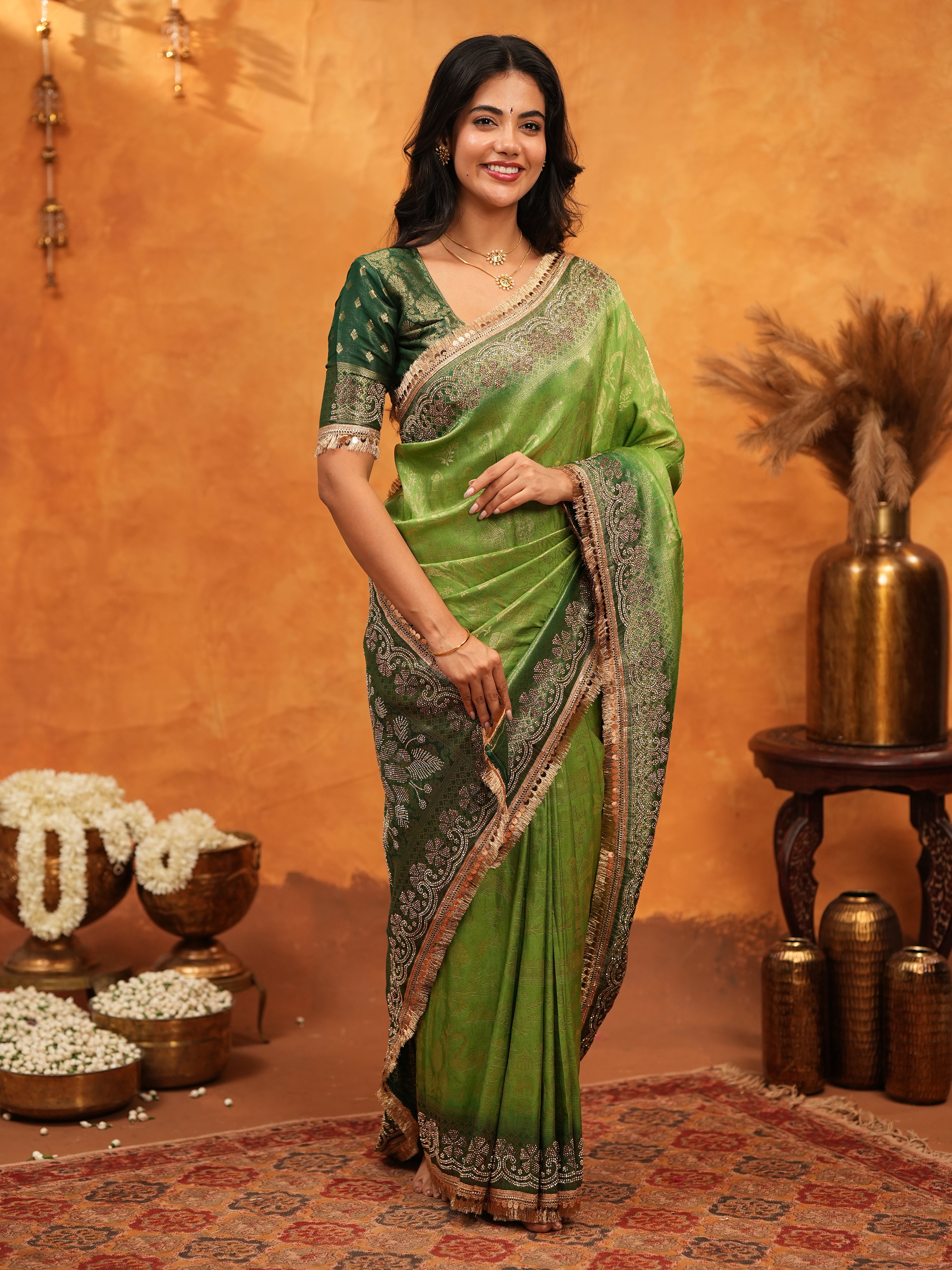 Emerald Green Banarasi Silk Saree with Intricate Zari Border & Rich Woven Pallu | Designer Festive & Wedding Wear Saree