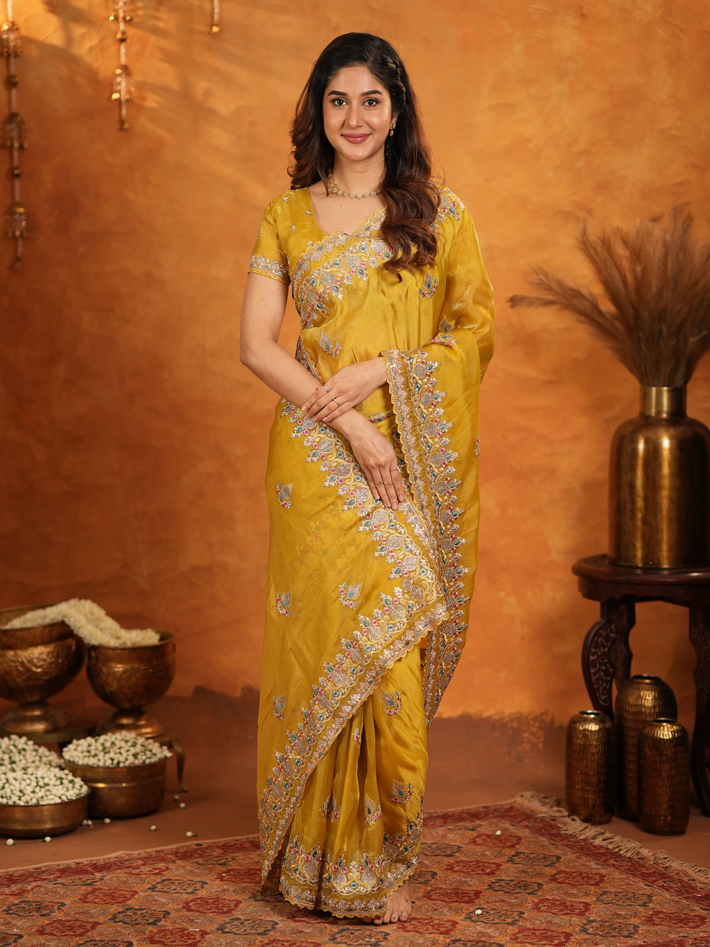Mustard Yellow Fendy Satin Embroidered Saree with Heavy Floral Border & Designer Pallu | Festive Wedding Wear Saree with Embroidered Blouse