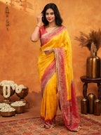 Sunshine Yellow & Red Banarasi Silk Saree with Rich Zari Border & Contrast Pallu | Designer Festive & Wedding Wear Saree