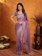 Lavender Purple Fendy Satin Embroidered Saree with Heavy Floral Border & Designer Pallu | Elegant Party Wear Saree with Embroidered Blouse