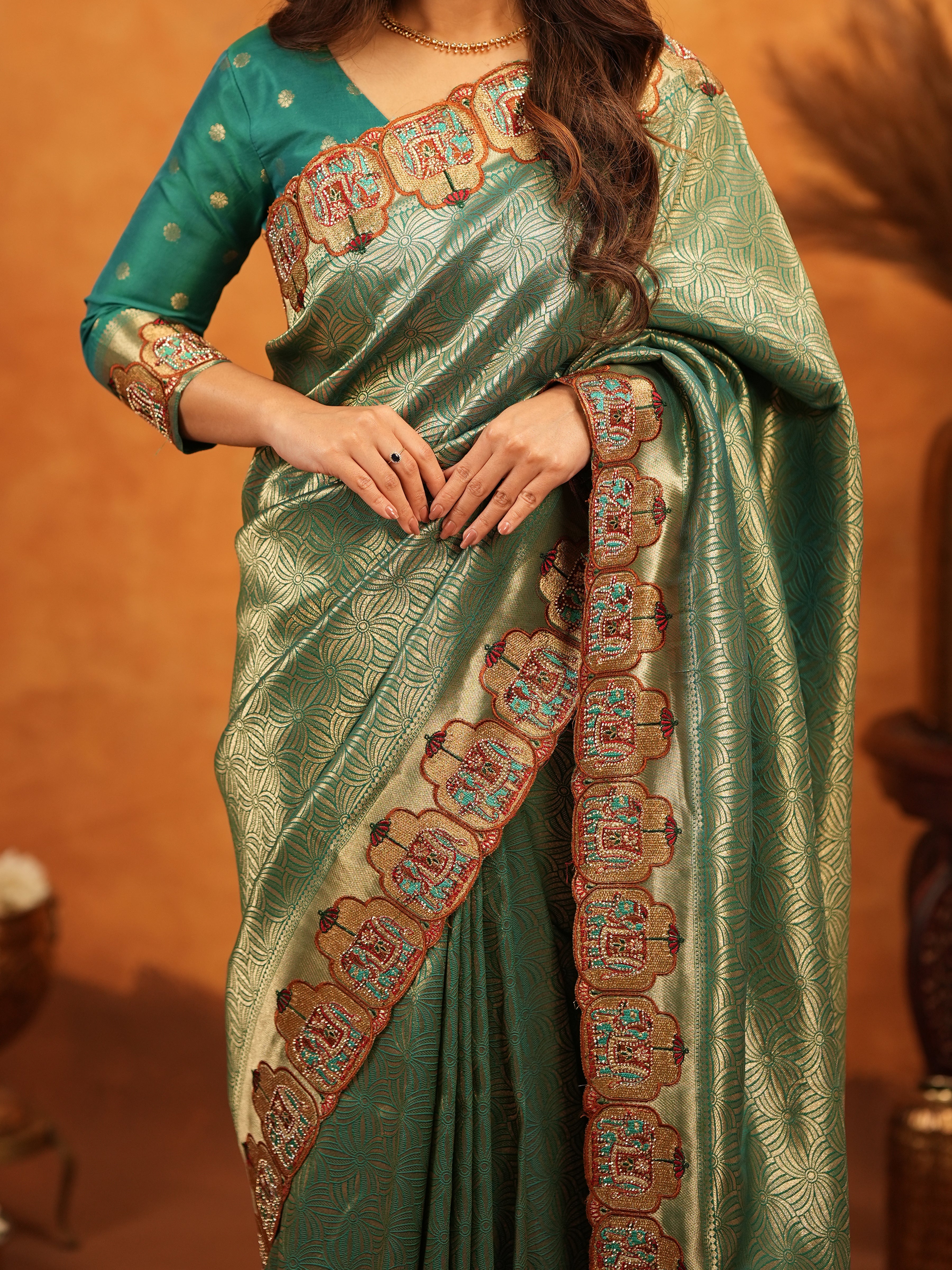 Bottle Green Banarasi Silk Saree with All-Over Zari Weaving & Designer Embroidered Border | Premium Wedding & Festive Wear Saree with Blouse & Tassels