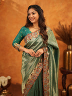 Bottle Green Banarasi Silk Saree with All-Over Zari Weaving & Designer Embroidered Border | Premium Wedding & Festive Wear Saree with Blouse & Tassels