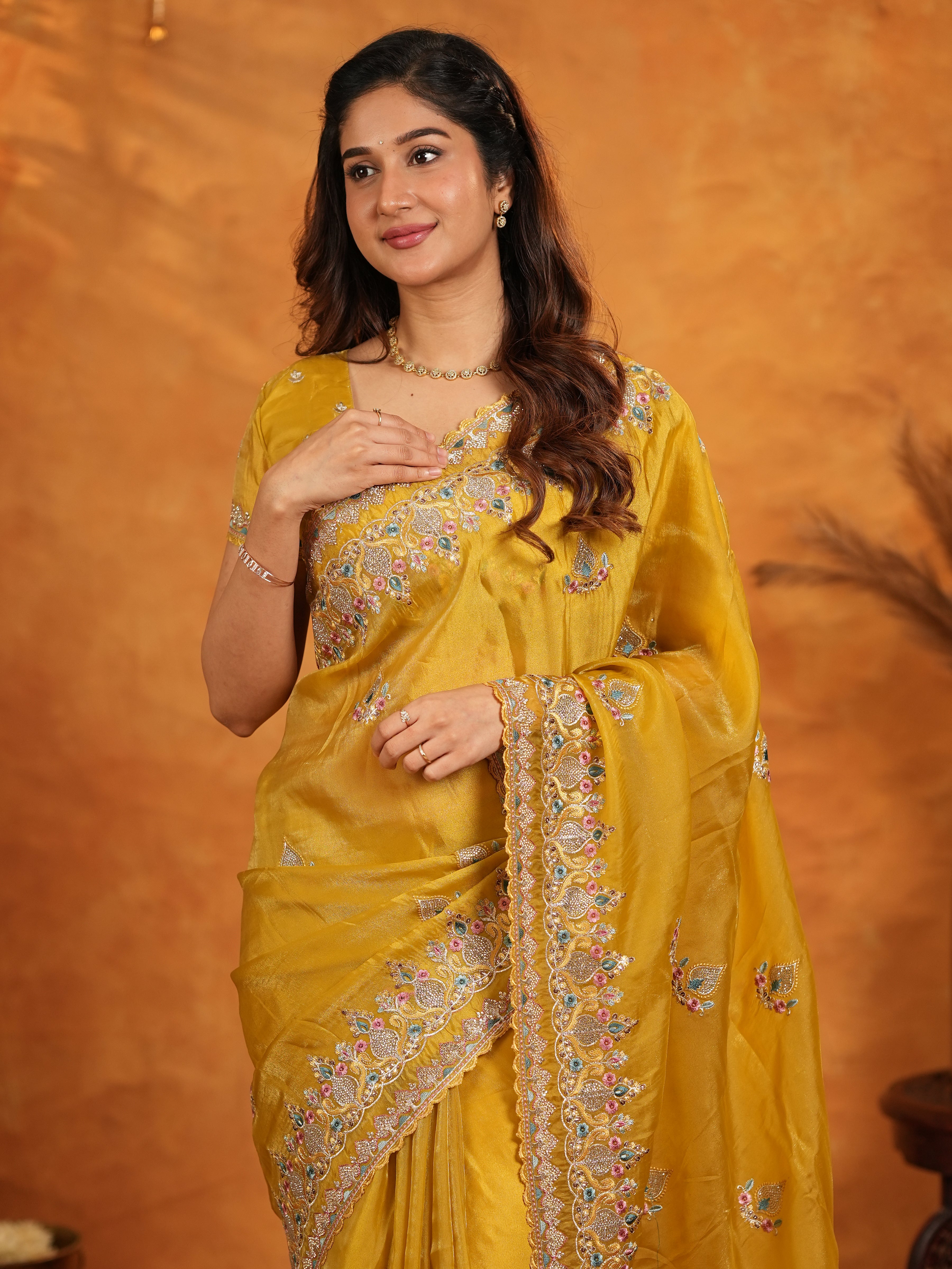 Mustard Yellow Fendy Satin Embroidered Saree with Heavy Floral Border & Designer Pallu | Festive Wedding Wear Saree with Embroidered Blouse