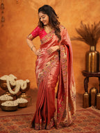 Deep Coral Red Banarasi Silk Saree with All-Over Zari Weaving & Designer Embroidered Border | Elegant Wedding & Festive Wear Saree with Blouse & Tassels
