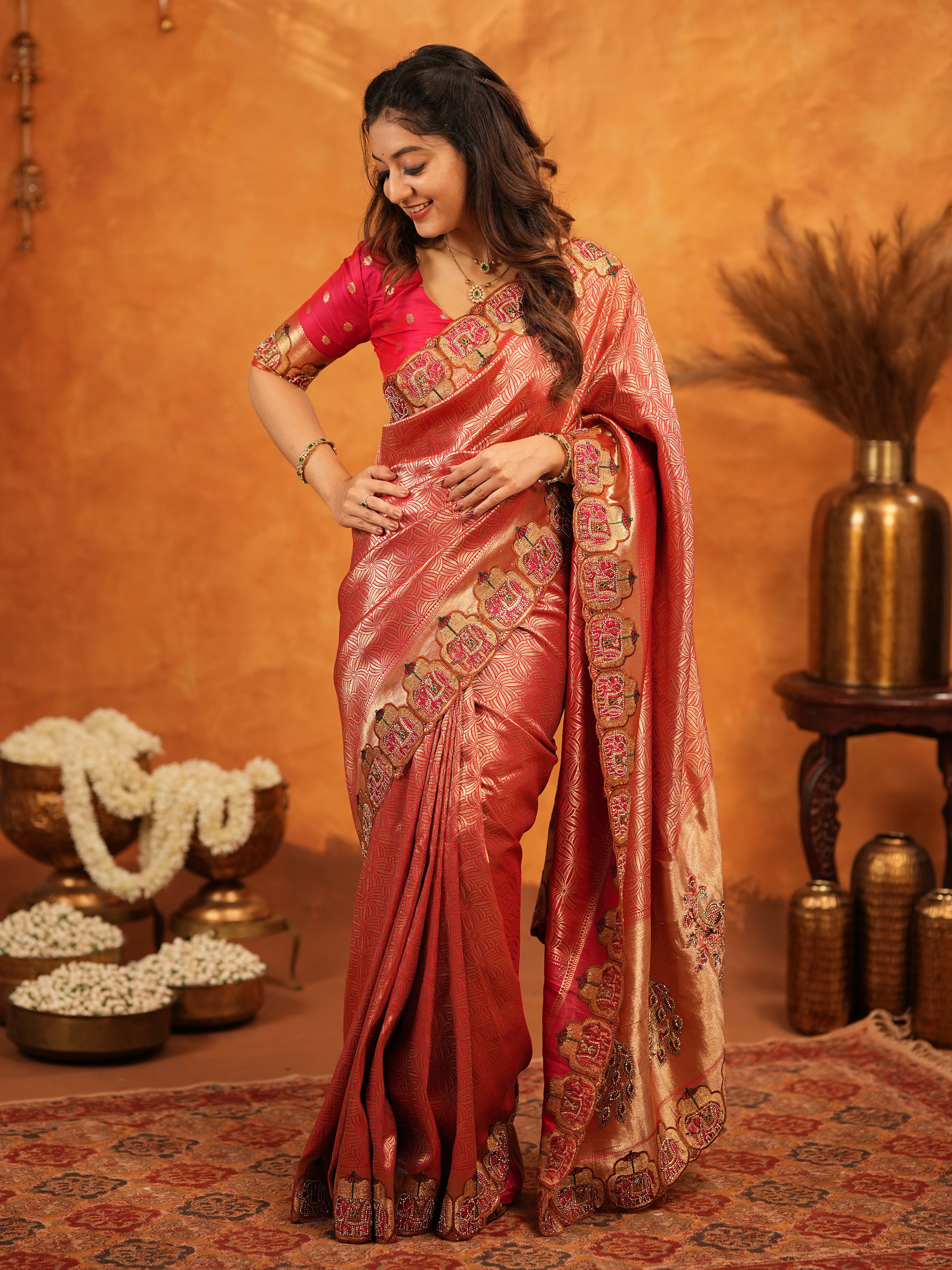 Deep Coral Red Banarasi Silk Saree with All-Over Zari Weaving & Designer Embroidered Border | Elegant Wedding & Festive Wear Saree with Blouse & Tassels