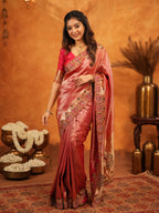 Deep Coral Red Banarasi Silk Saree with All-Over Zari Weaving & Designer Embroidered Border | Elegant Wedding & Festive Wear Saree with Blouse & Tassels