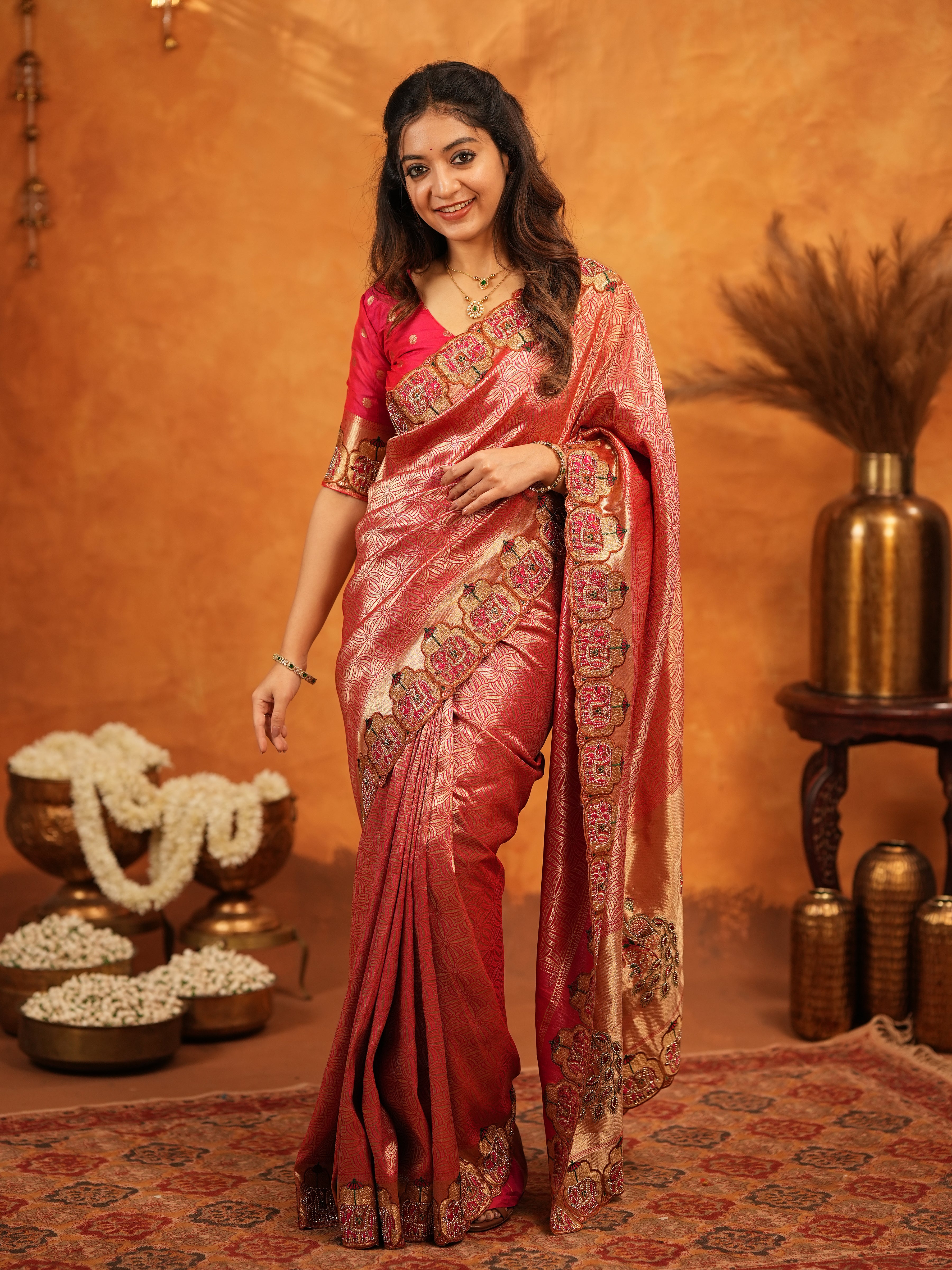 Deep Coral Red Banarasi Silk Saree with All-Over Zari Weaving & Designer Embroidered Border | Elegant Wedding & Festive Wear Saree with Blouse & Tassels