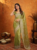 Olive Green Fendy Satin Embroidered Saree with Heavy Floral Border & Designer Pallu | Elegant Festive Wear Saree with Embroidered Blouse