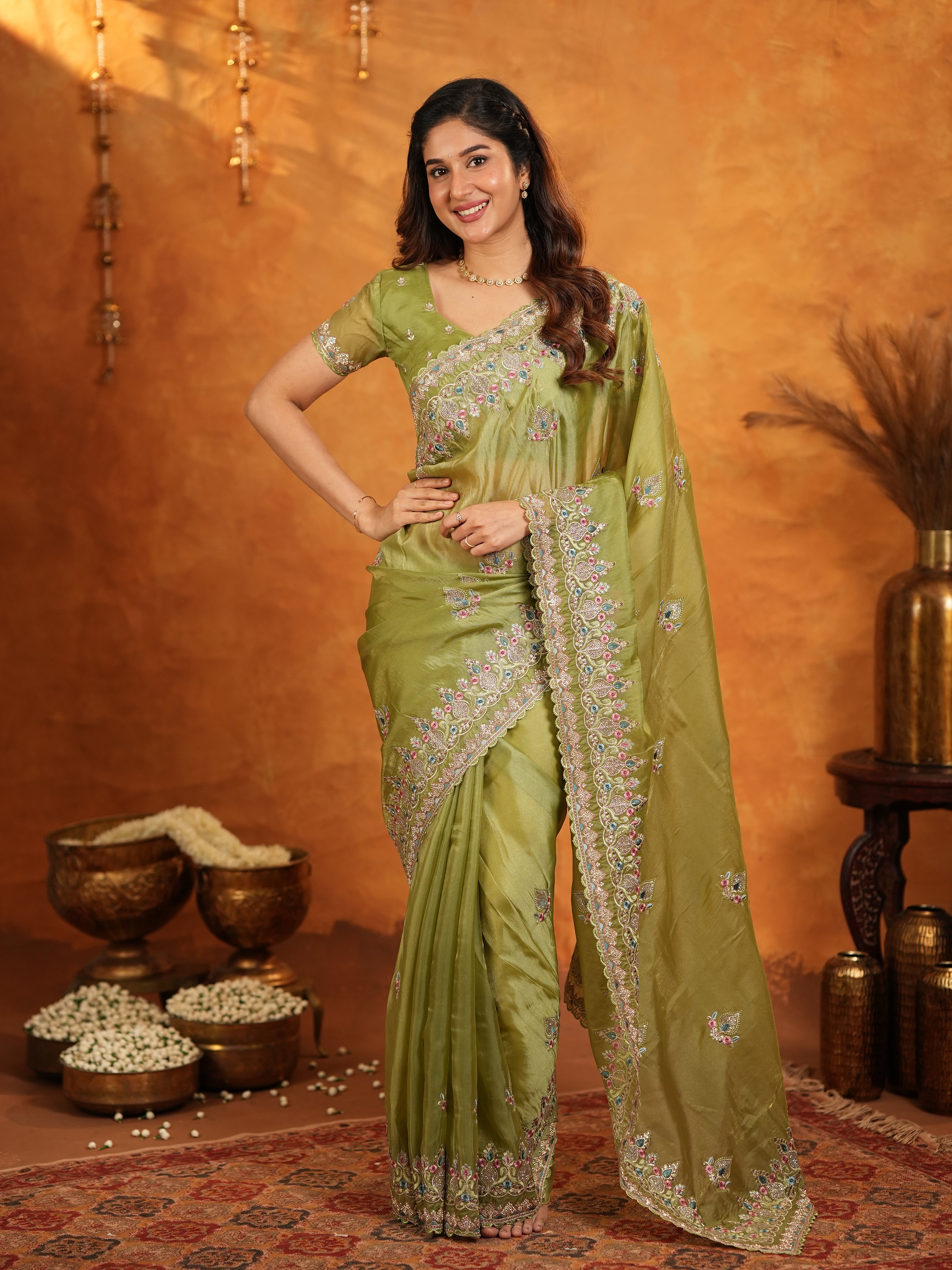 Olive Green Fendy Satin Embroidered Saree with Heavy Floral Border & Designer Pallu | Elegant Festive Wear Saree with Embroidered Blouse