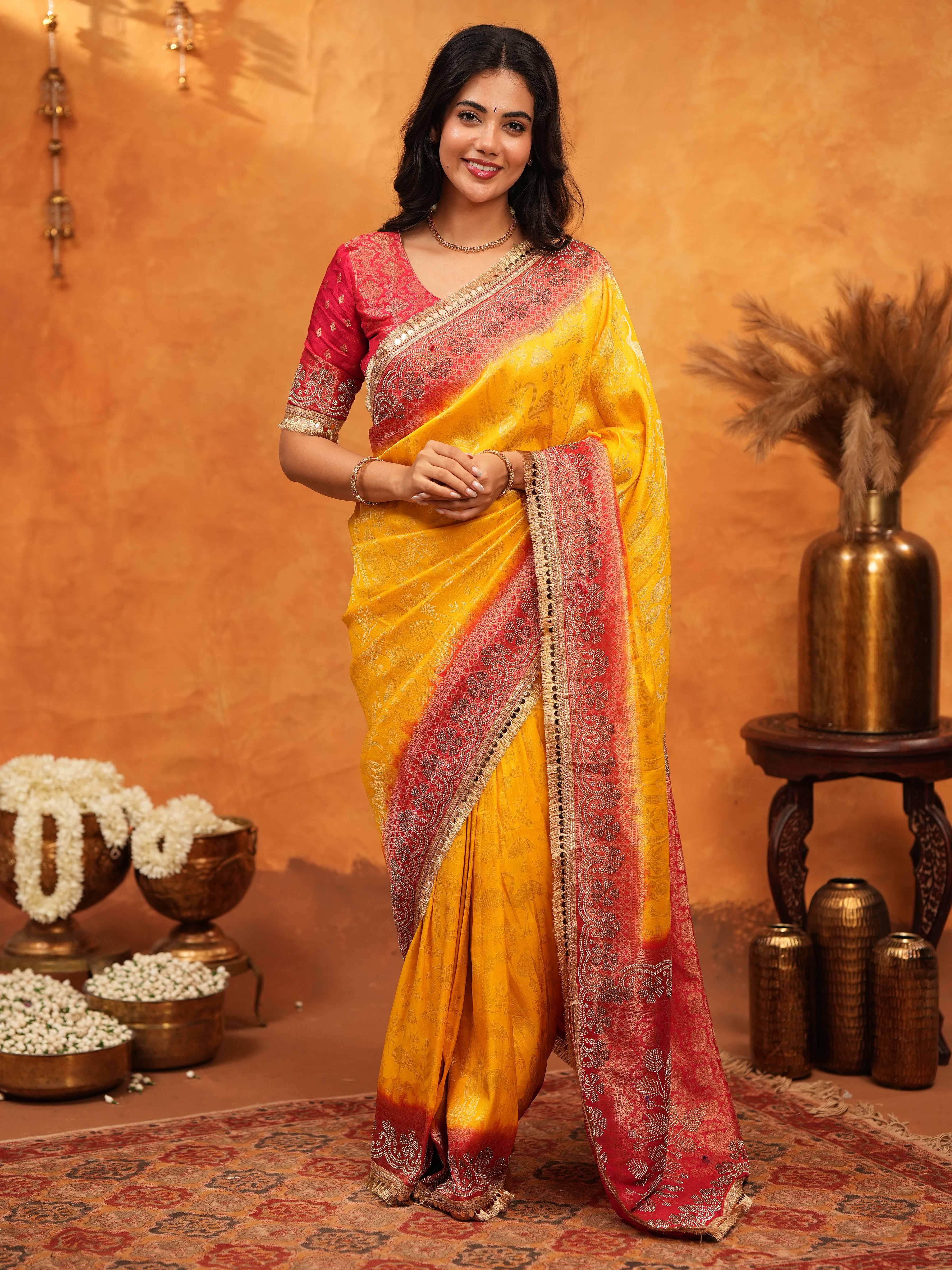 Sunshine Yellow & Red Banarasi Silk Saree with Rich Zari Border & Contrast Pallu | Designer Festive & Wedding Wear Saree