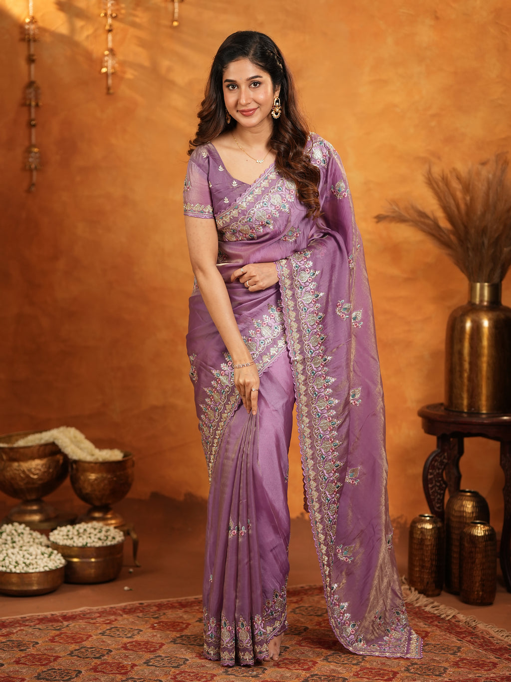 Lavender Purple Fendy Satin Embroidered Saree with Heavy Floral Border & Designer Pallu | Elegant Party Wear Saree with Embroidered Blouse