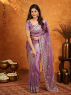 Lavender Purple Fendy Satin Embroidered Saree with Heavy Floral Border & Designer Pallu | Elegant Party Wear Saree with Embroidered Blouse