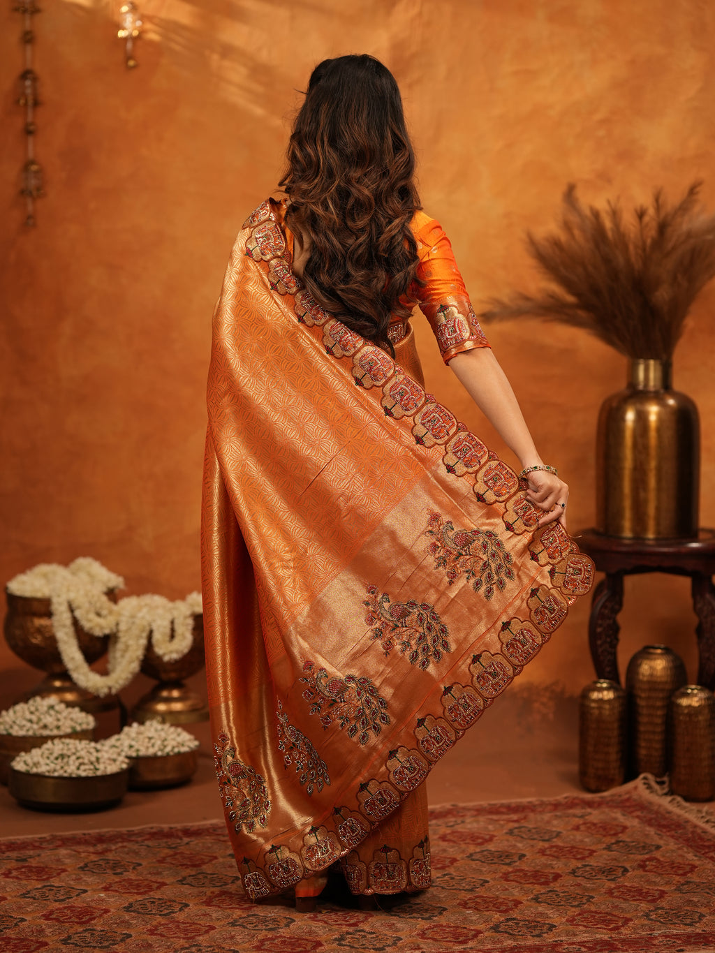 Rust Orange Banarasi Silk Saree with All-Over Zari Weaving & Designer Embroidered Border | Festive Wedding Wear Saree with Blouse & Tassels