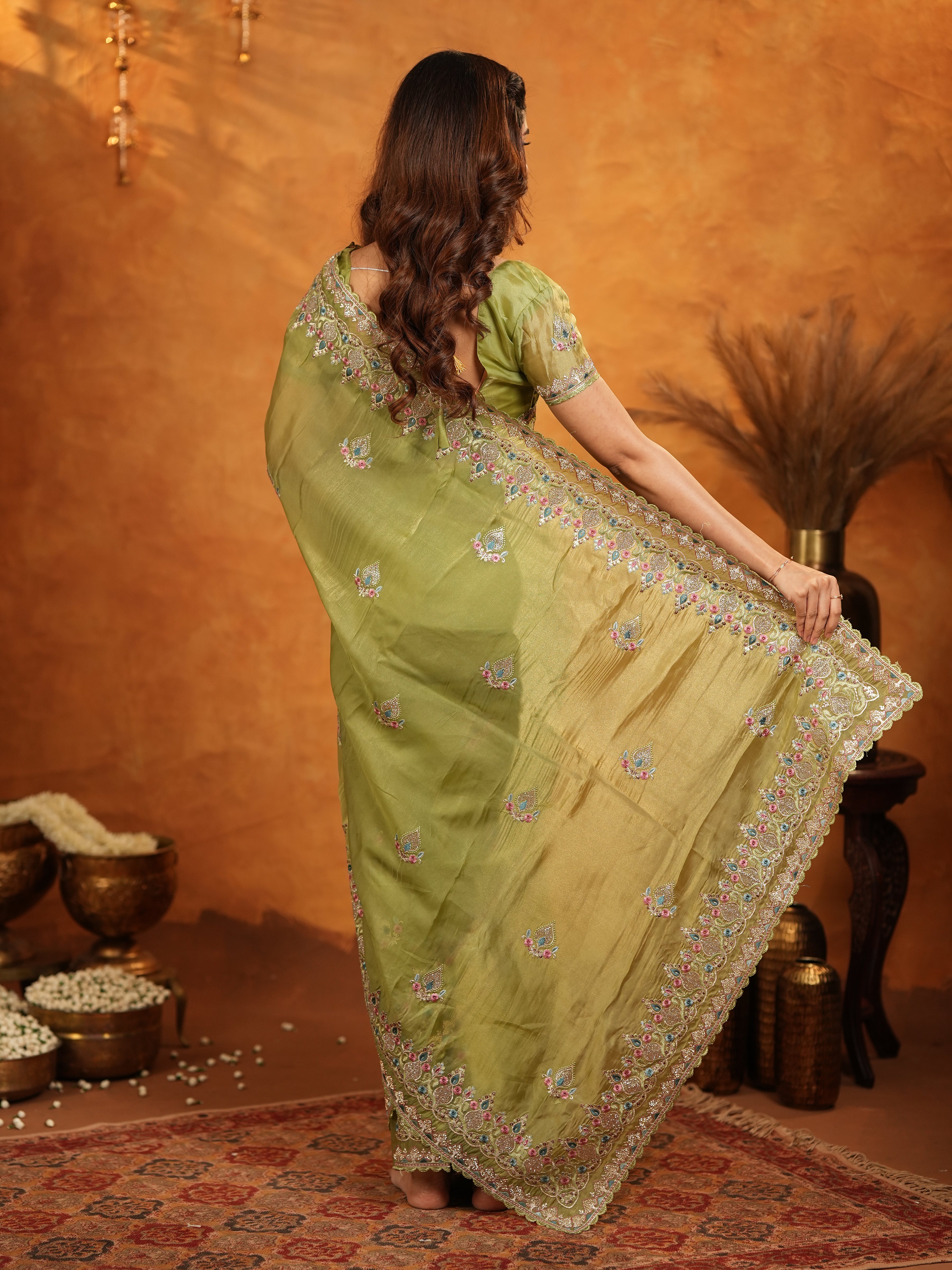 Olive Green Fendy Satin Embroidered Saree with Heavy Floral Border & Designer Pallu | Elegant Festive Wear Saree with Embroidered Blouse