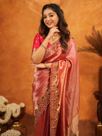 Deep Coral Red Banarasi Silk Saree with All-Over Zari Weaving & Designer Embroidered Border | Elegant Wedding & Festive Wear Saree with Blouse & Tassels