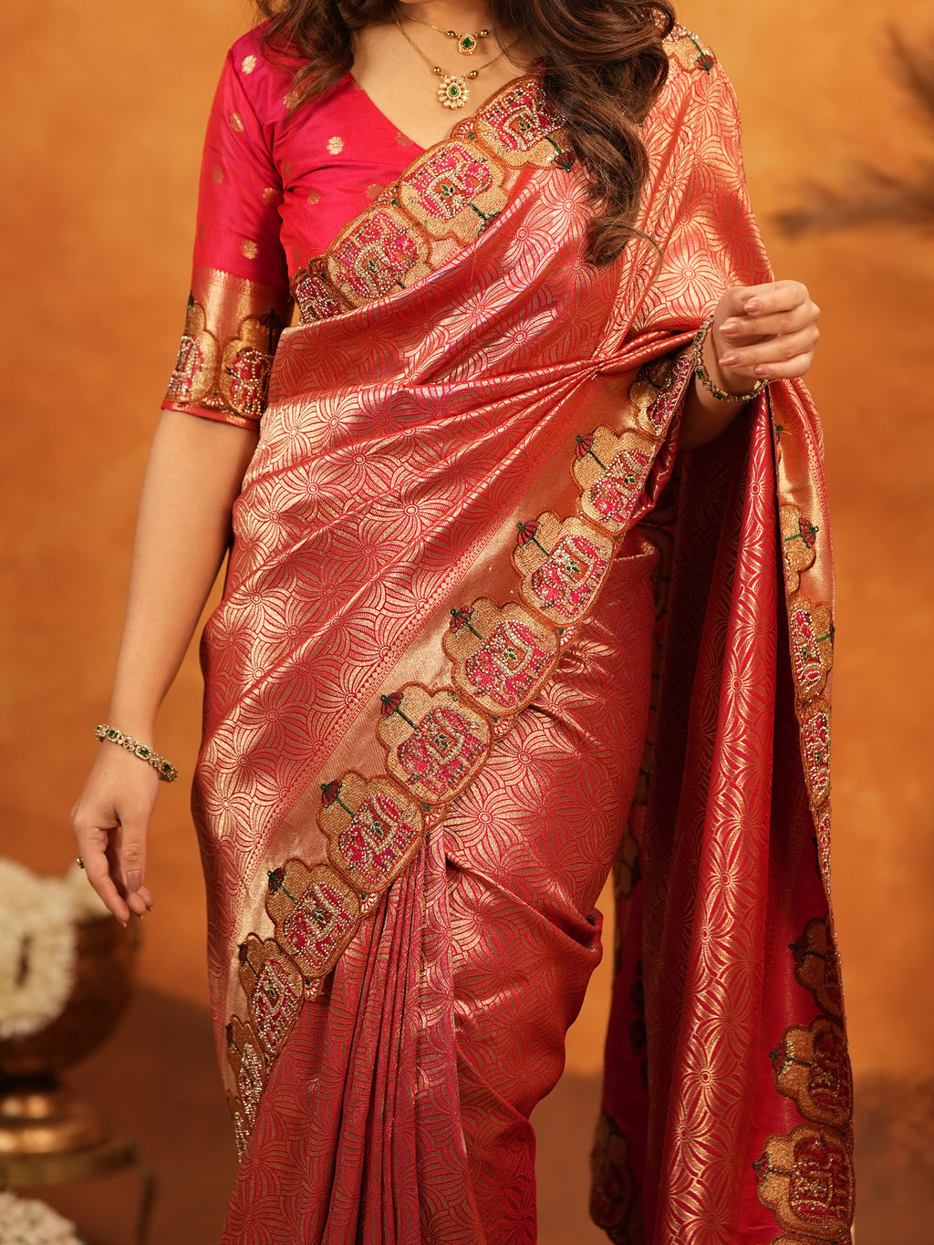 Deep Coral Red Banarasi Silk Saree with All-Over Zari Weaving & Designer Embroidered Border | Elegant Wedding & Festive Wear Saree with Blouse & Tassels
