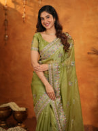 Olive Green Fendy Satin Embroidered Saree with Heavy Floral Border & Designer Pallu | Elegant Festive Wear Saree with Embroidered Blouse
