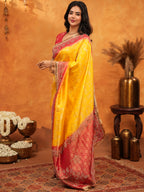 Sunshine Yellow & Red Banarasi Silk Saree with Rich Zari Border & Contrast Pallu | Designer Festive & Wedding Wear Saree